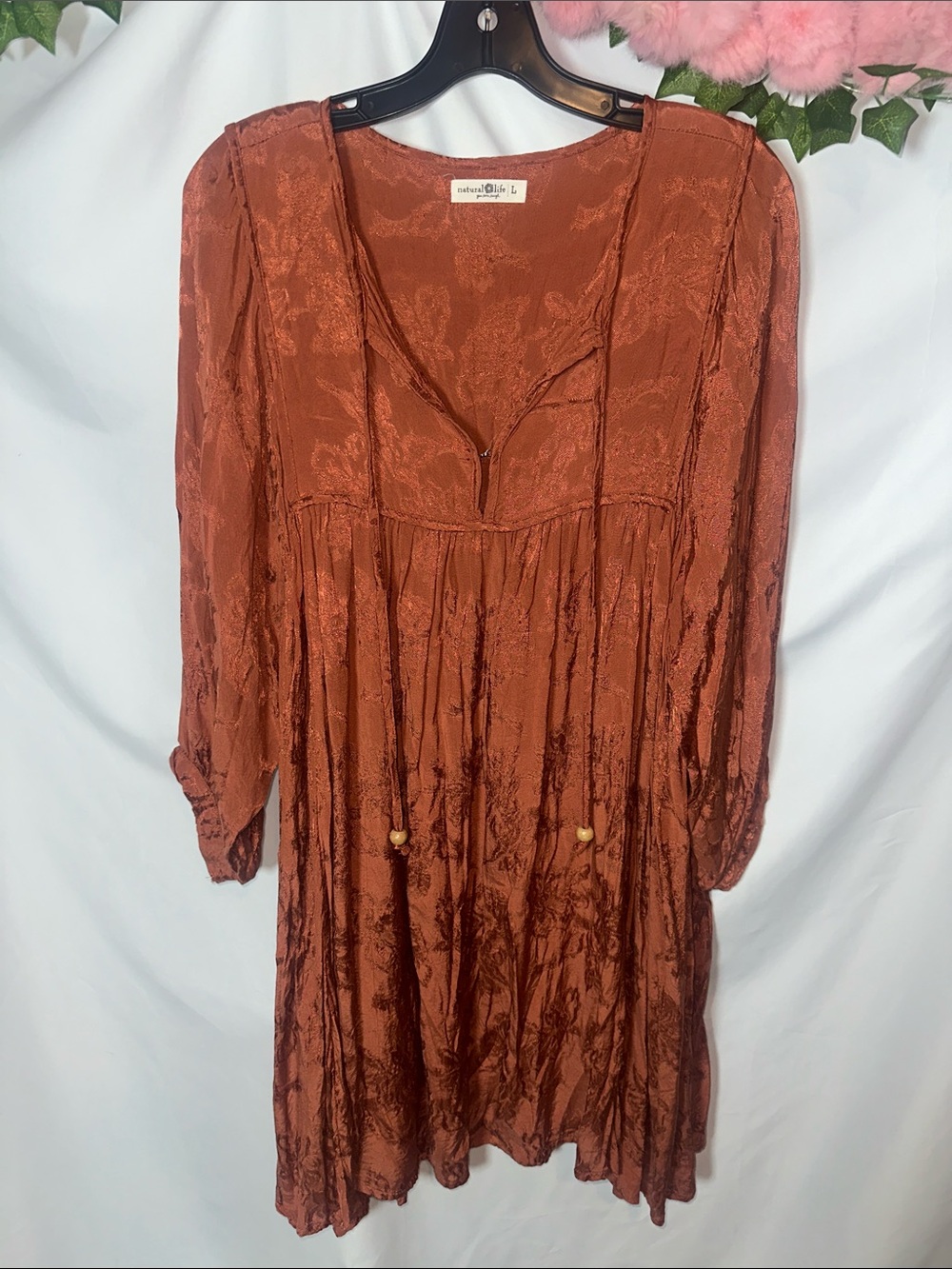NATURAL LIFE Rust Textured V-Neck Long Sleeve Dress
